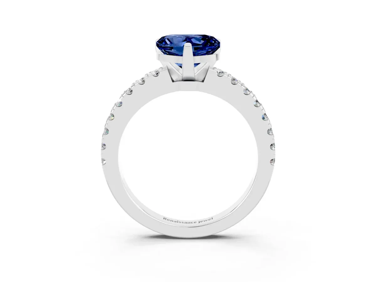 Heart Cut Solitaire Blue Sapphire with Pavé Band and Four-Prong Setting Silver