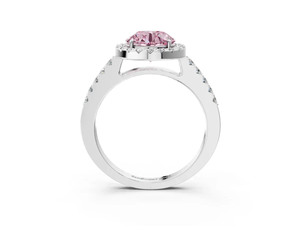 Fancy Pink Round Cut Halo Diamond Pavé Solitaire Ring Platinum