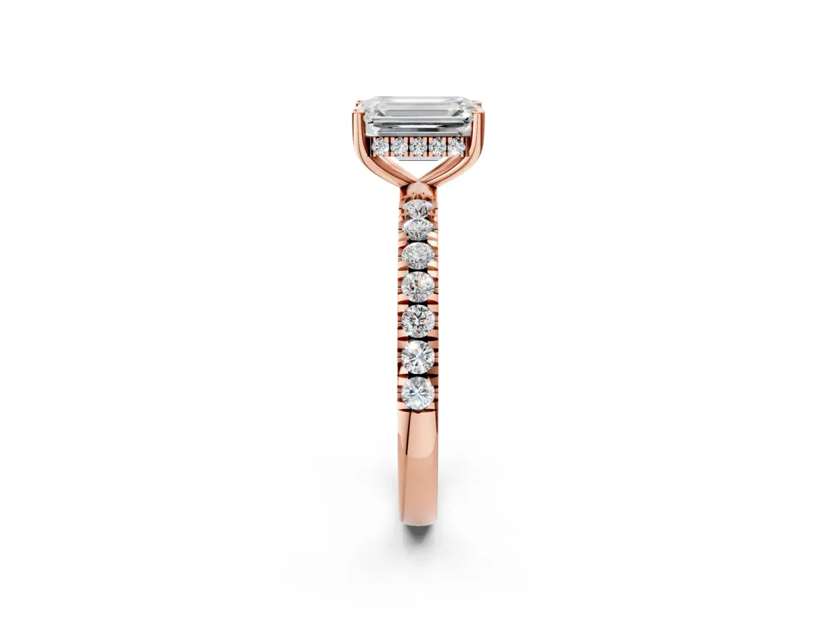 Emerald Cut Diamond Pave Band Solitaire Ring with Round and Prong Setting Rose gold