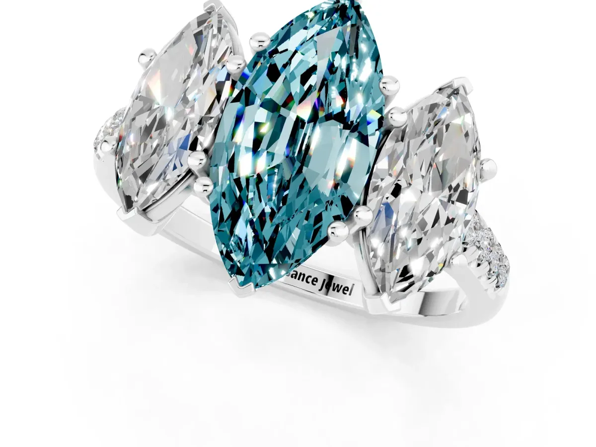 Three-Stone Marquise Cut Blue Topaz Ring with Round Pavé Band and Prong Setting Silver