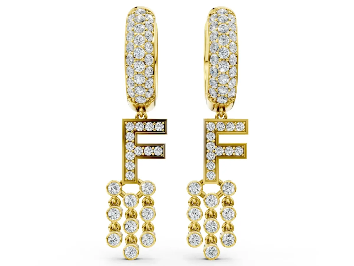 Round Diamond Initial F Huggie Hoop Earrings Yellow gold