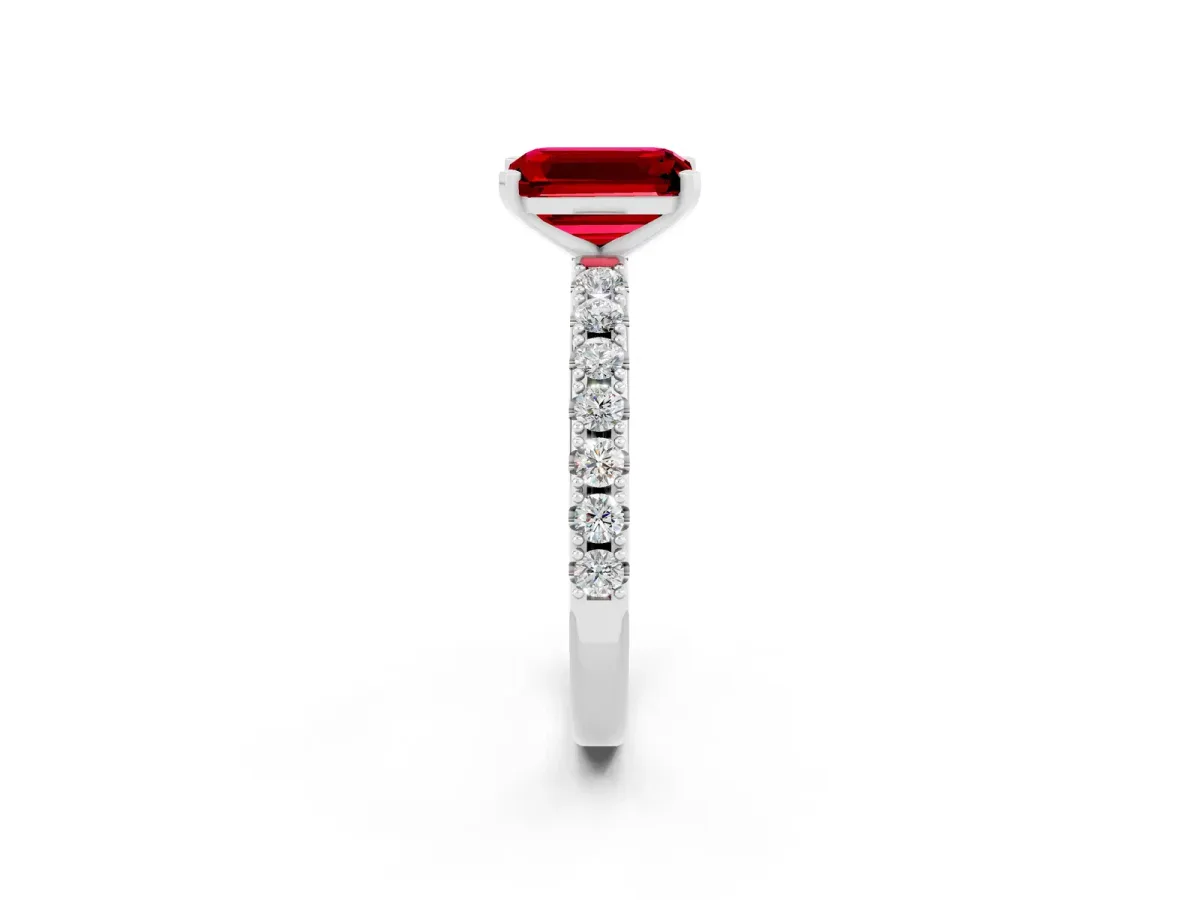 Emerald Cut Ruby Solitaire Pavé Band with Four-Prong Setting White gold