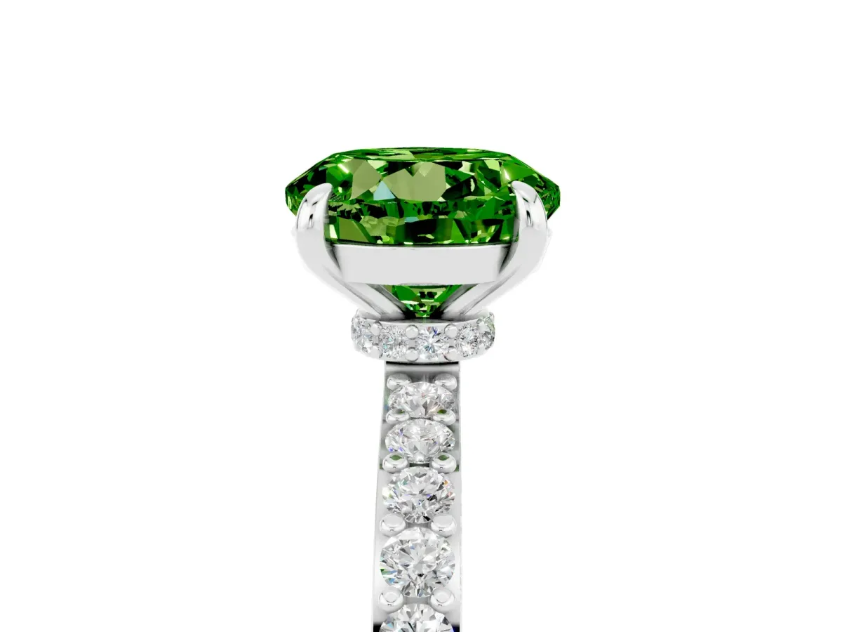 Round Cut Peridot Solitaire Engagement Ring with Pavé Band and Four-Prong Setting Silver