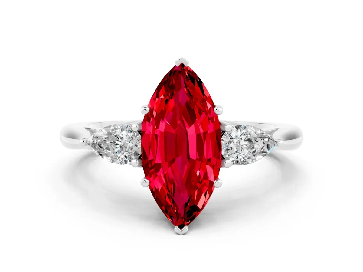 Marquise Cut Ruby Three-Stone Ring with Pear Side Stones and Prong Setting Silver