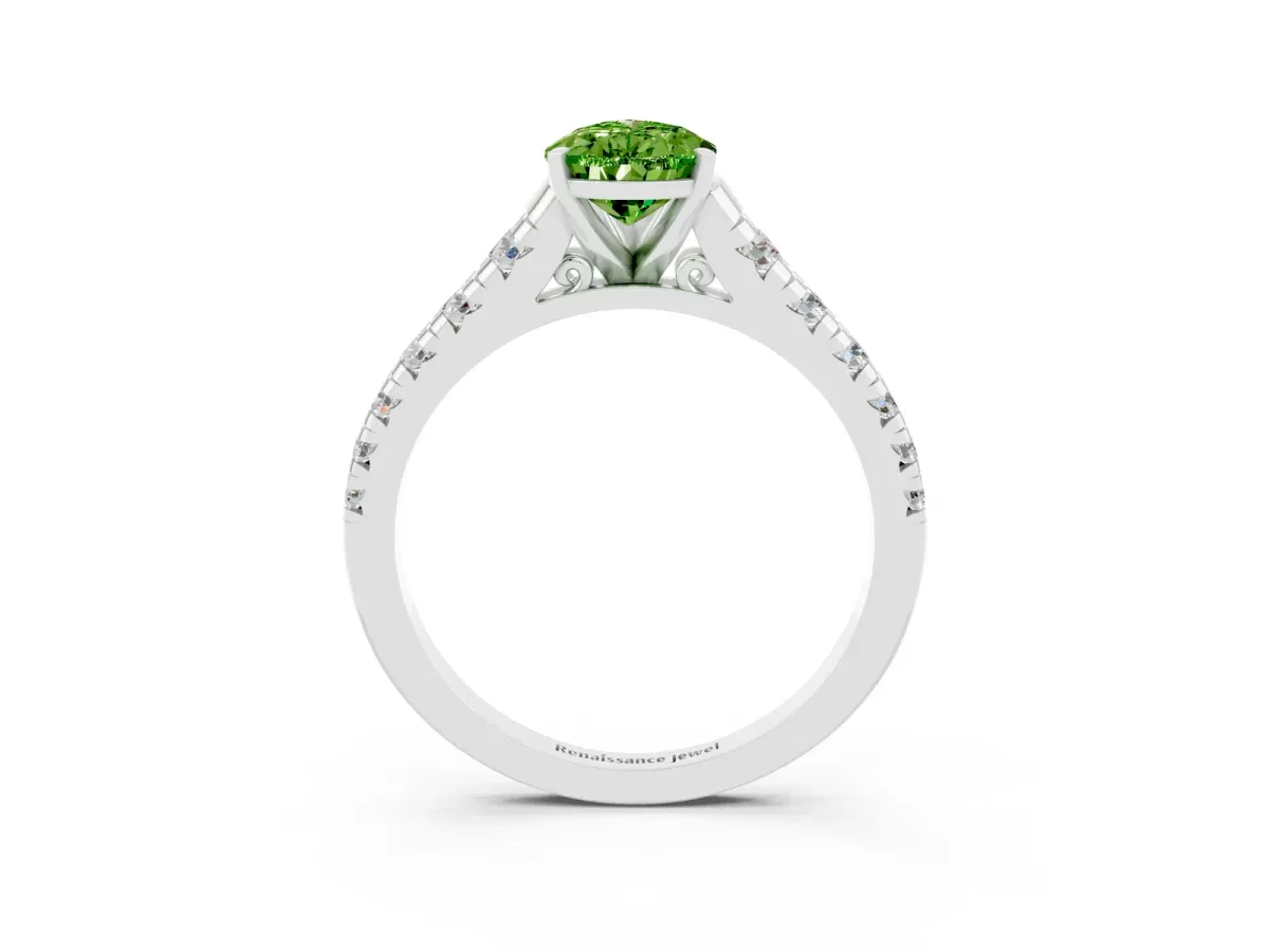 Pear Cut Peridot Cathedral Solitaire Ring with Round Pavé Band Platinum