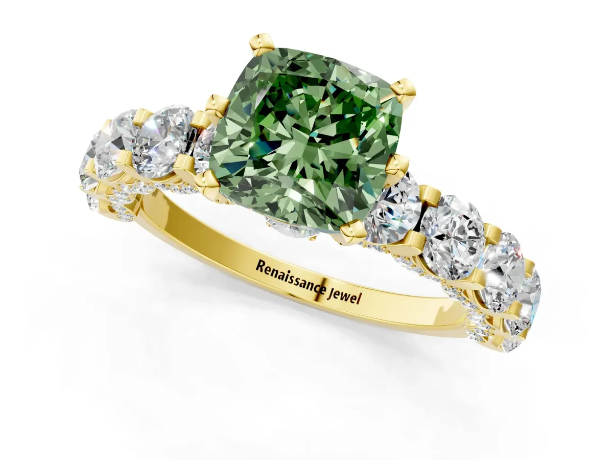 Fancy Green Cushion Cut Diamond Side Stone Engagement Ring with Four-Prong Setting Yellow gold