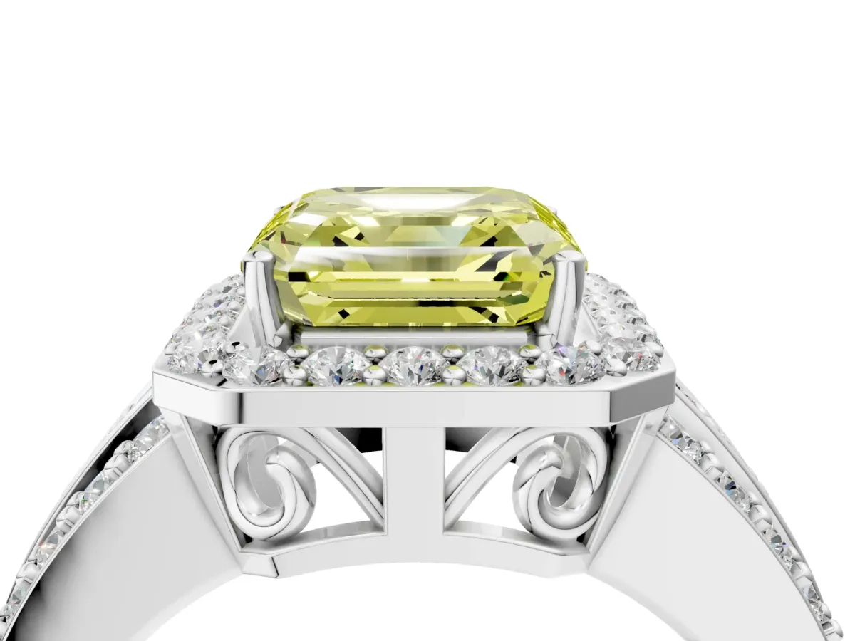 Fancy Yellow Asscher Cut Halo Diamond Ring with Round Split Shank and Prong Setting Silver