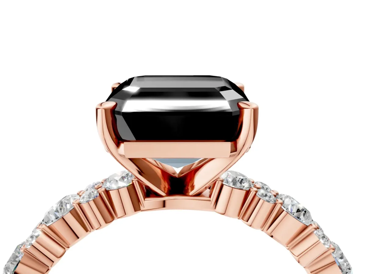 Fancy Black Asscher Cut Diamond Side Stone Solitaire Ring with Round and Four-Prong Setting Rose gold