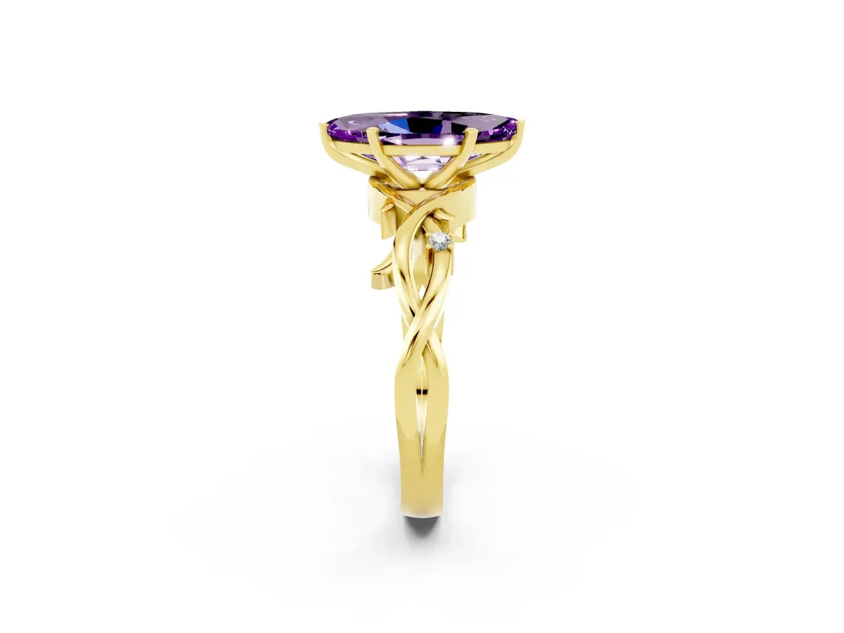 Marquise Cut Amethyst Solitaire Ring with Twisted Band and Prong Setting Yellow gold