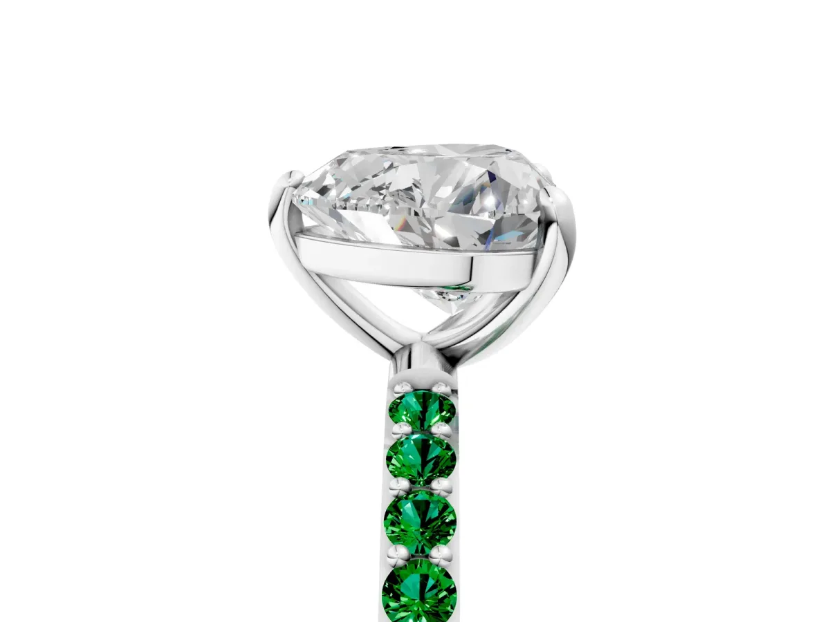 Heart Cut Diamond Solitaire Ring with Round Emerald Pavé Band and Prong Setting Silver