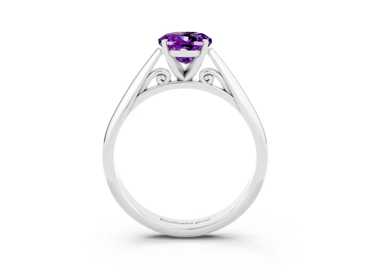 Oval Cut Amethyst Solitaire Engagement Ring with Cathedral Setting and Four-Prong Mount White gold