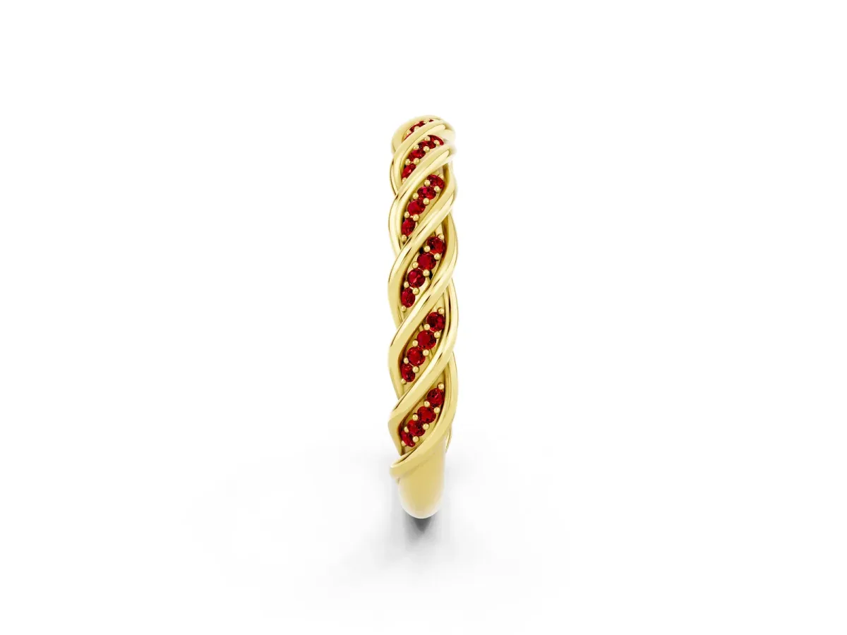 Twisted Pavé Round Ruby Eternity Band with Shared Prong Setting Yellow gold