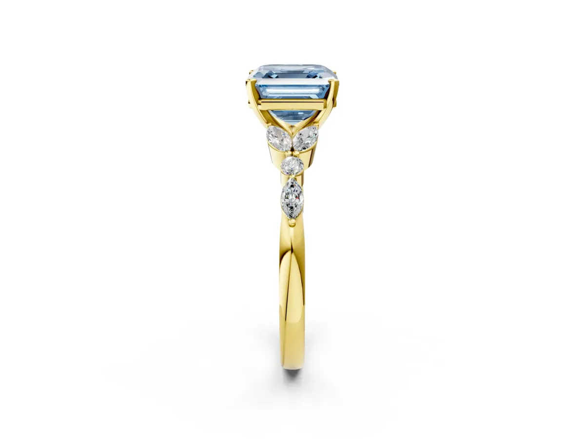 Fancy Blue Asscher Cut Diamond Solitaire Ring with Side Stones and Four-Prong Setting Yellow gold