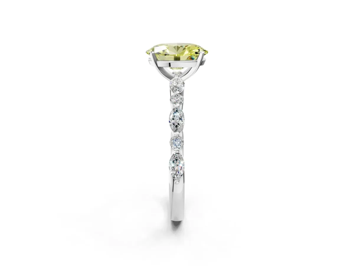 Fancy Yellow Oval Cut Diamond Ring with Marquise and Round Side Stones and Four-Prong Setting Silver