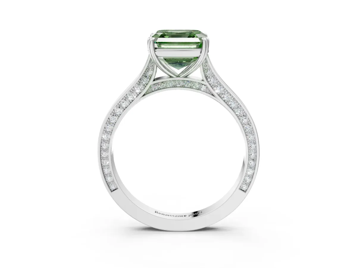 Fancy Green Asscher Cut Diamond Solitaire with Pave Band and Six-Prong Setting Platinum