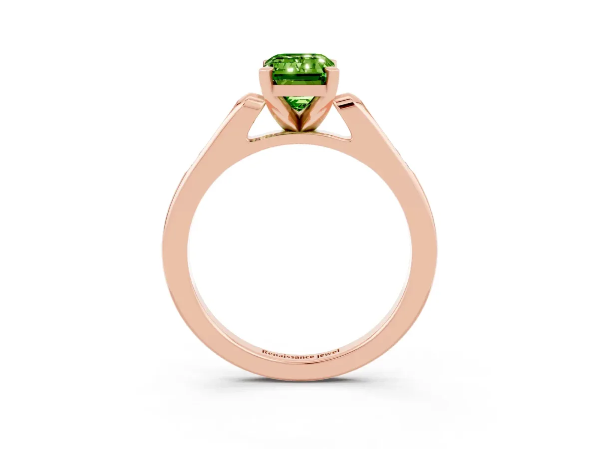 Emerald Cut Peridot Solitaire Ring with Channel Set Round Band and Prong Setting Rose gold