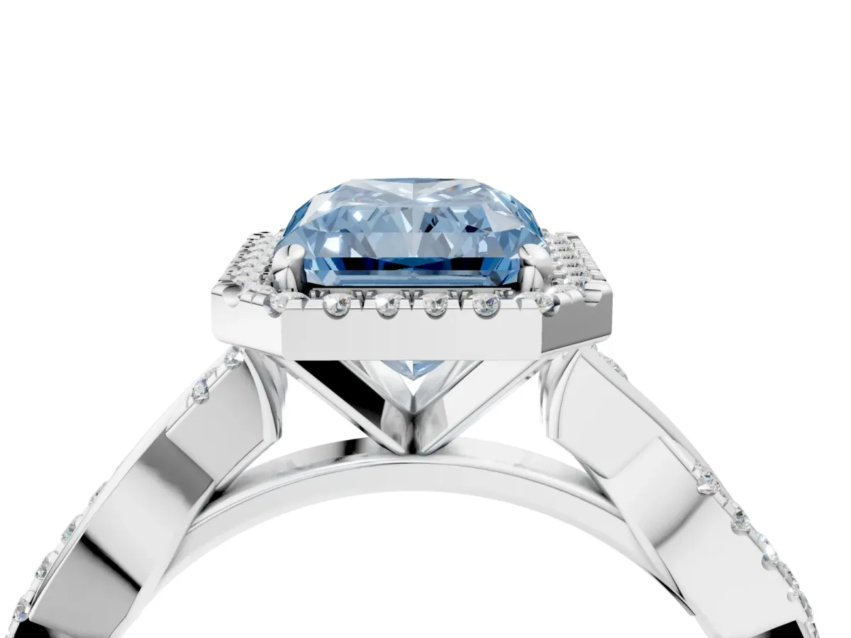 Fancy Blue Radiant Cut Cut Halo Twisted Band Four-Prong Ring Platinum