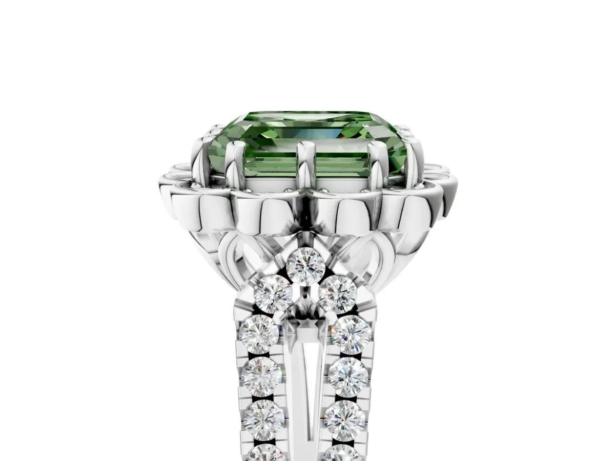 Fancy Green Asscher Cut Halo Diamond Floral Split Shank Engagement Ring Platinum