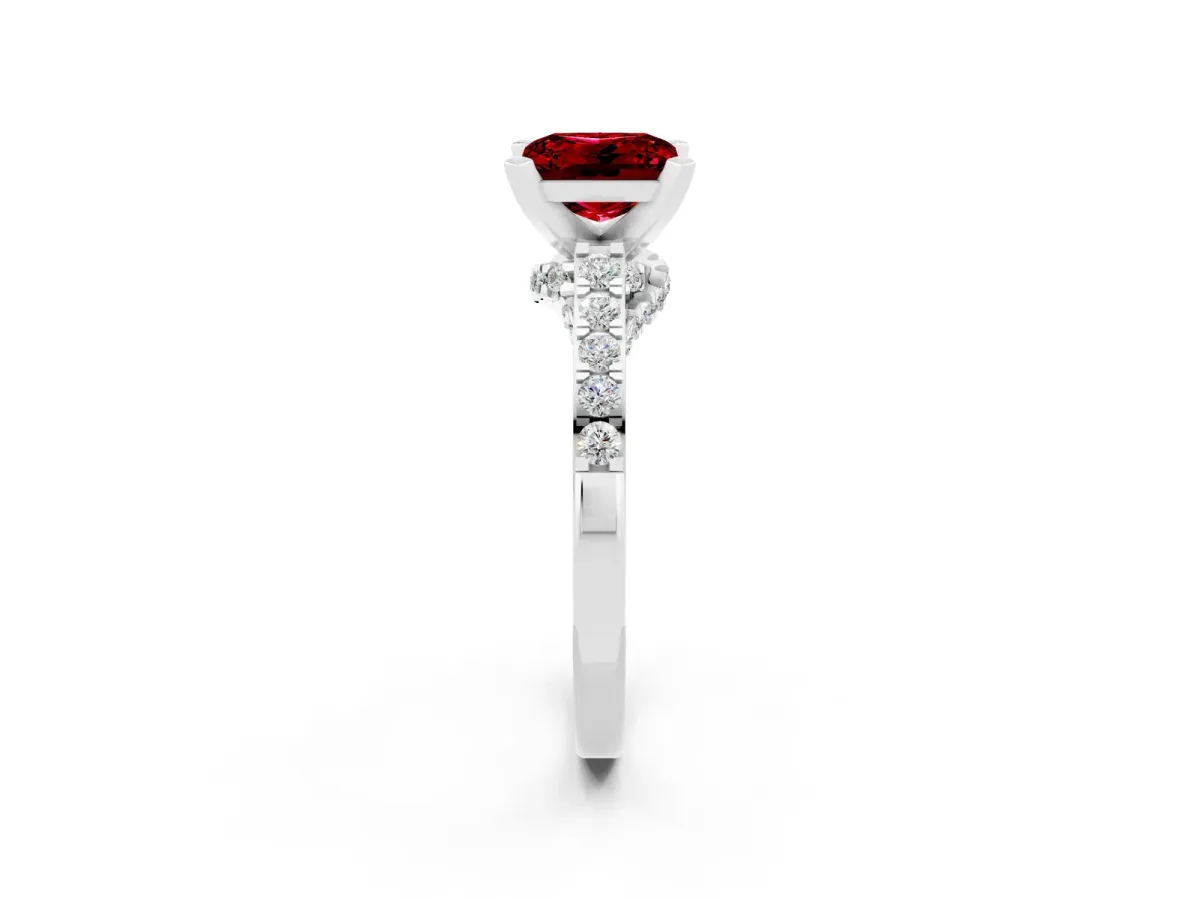 Princess Cut Ruby Solitaire Ring with Crossover Gallery and Round Pavé Band White gold