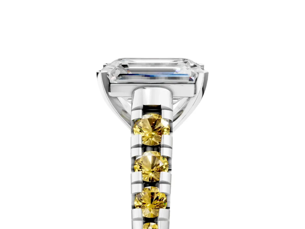 Emerald Cut Diamond Cathedral Solitaire Ring with Round Yellow Sapphire Pavé Band Silver