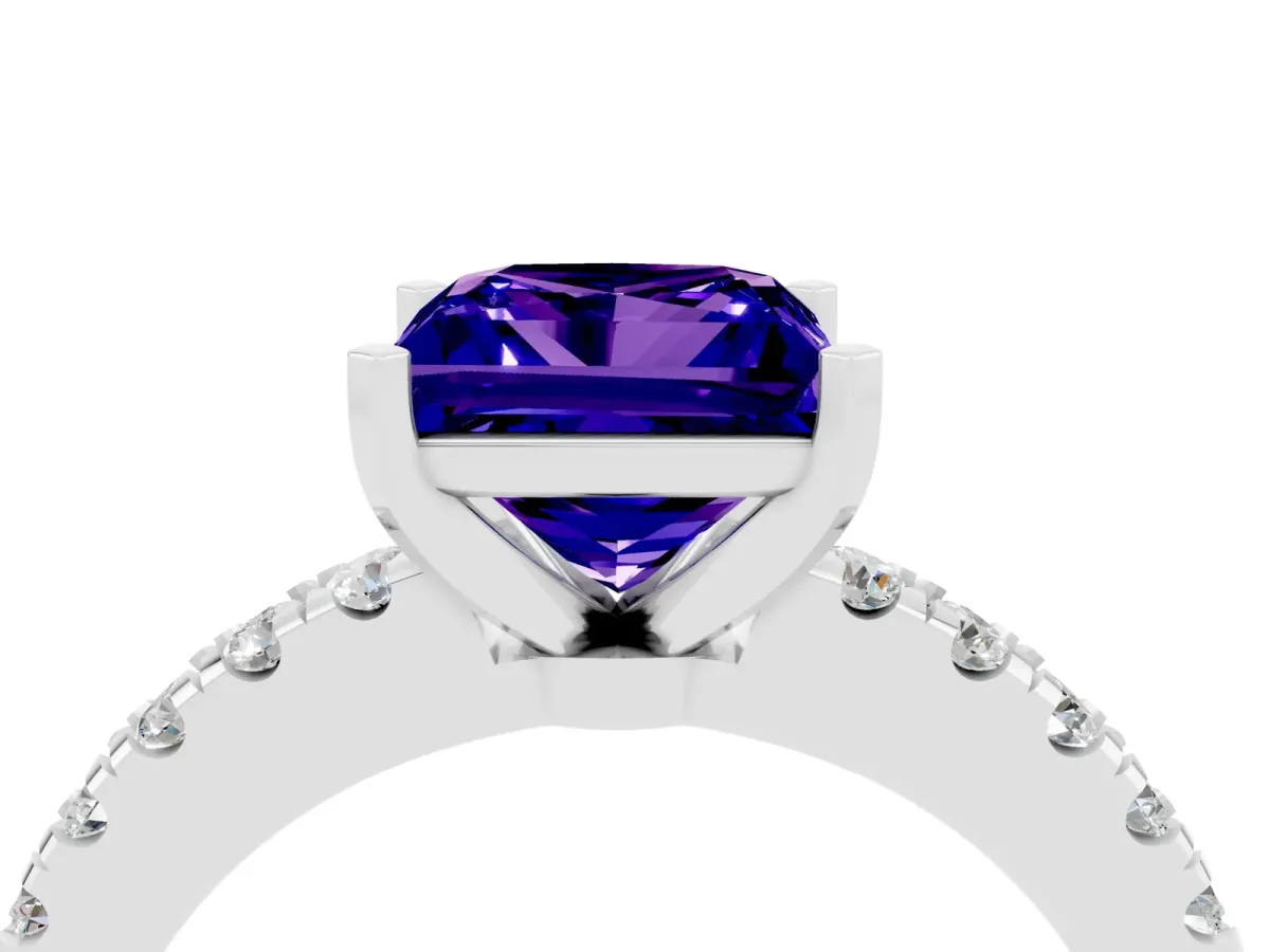 Princess Cut Solitaire Tanzanite with Pavé Band and Four-Prong Setting Silver