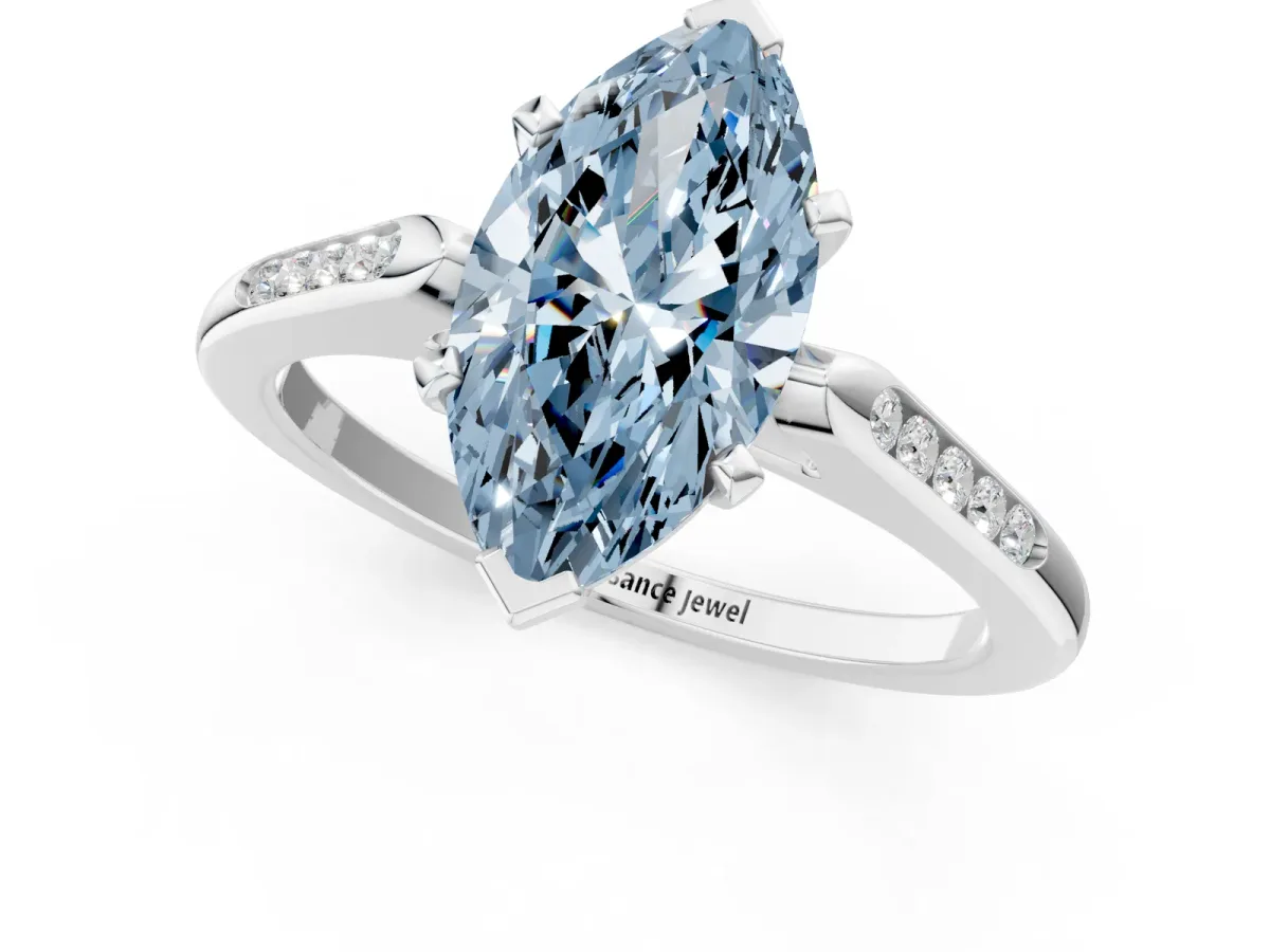 Fancy Blue Marquise Cut Diamond Solitaire Ring with Channel Set Round Band and Prong Setting Silver