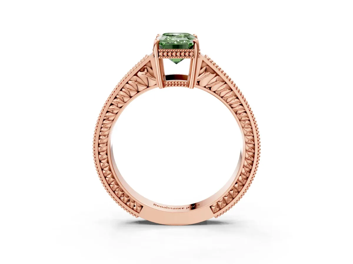 Fancy Green Emerald Cut Cut Diamond Milgrain Pave Band Four-Prong Setting Ring Rose gold