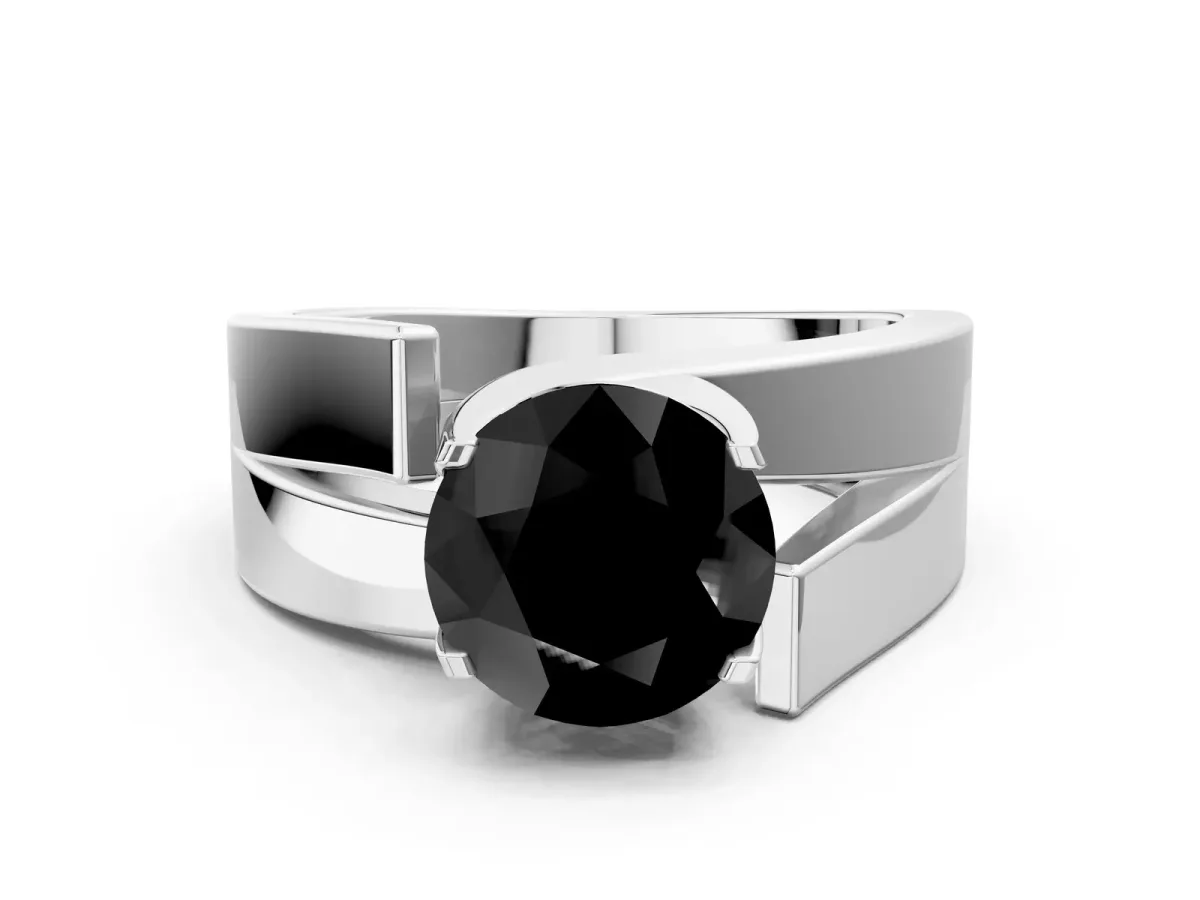 Fancy Black Modern Tension Set Round Cut Diamond Solitaire Wide Band Ring Silver