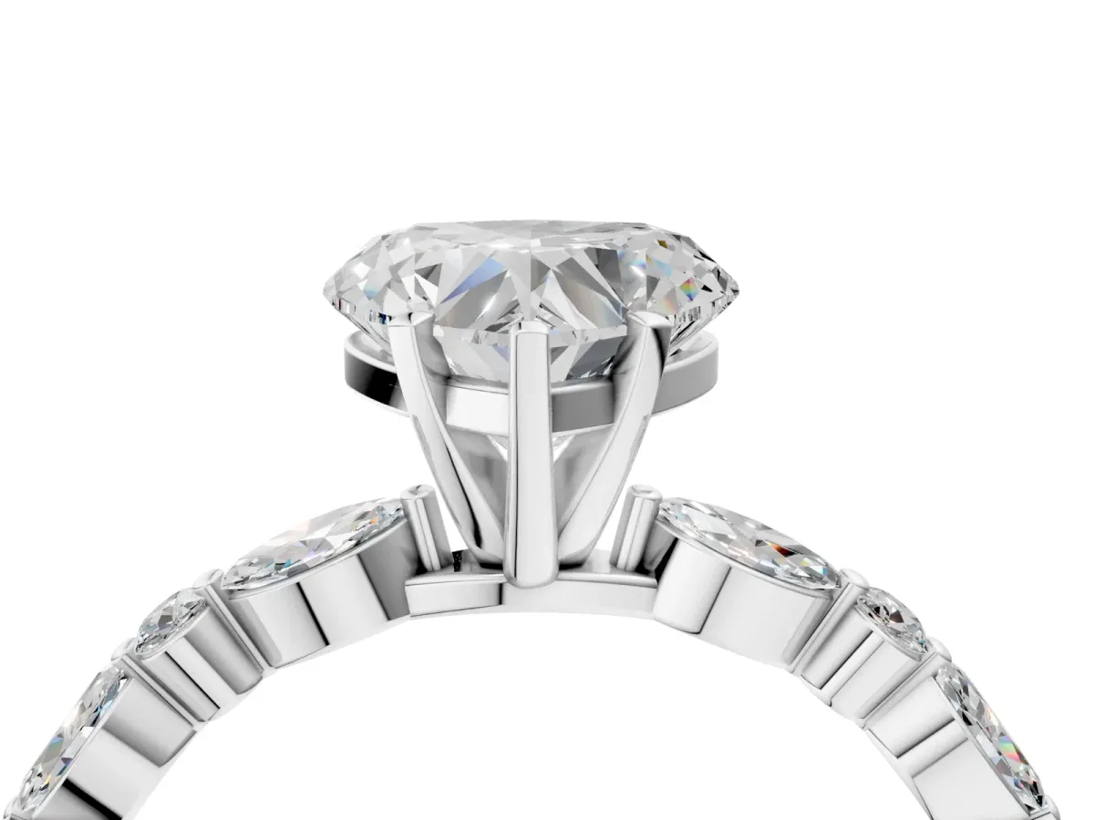 Heart Cut Diamond Ring with Marquise and Round Side Stones and Four-Prong Setting Silver