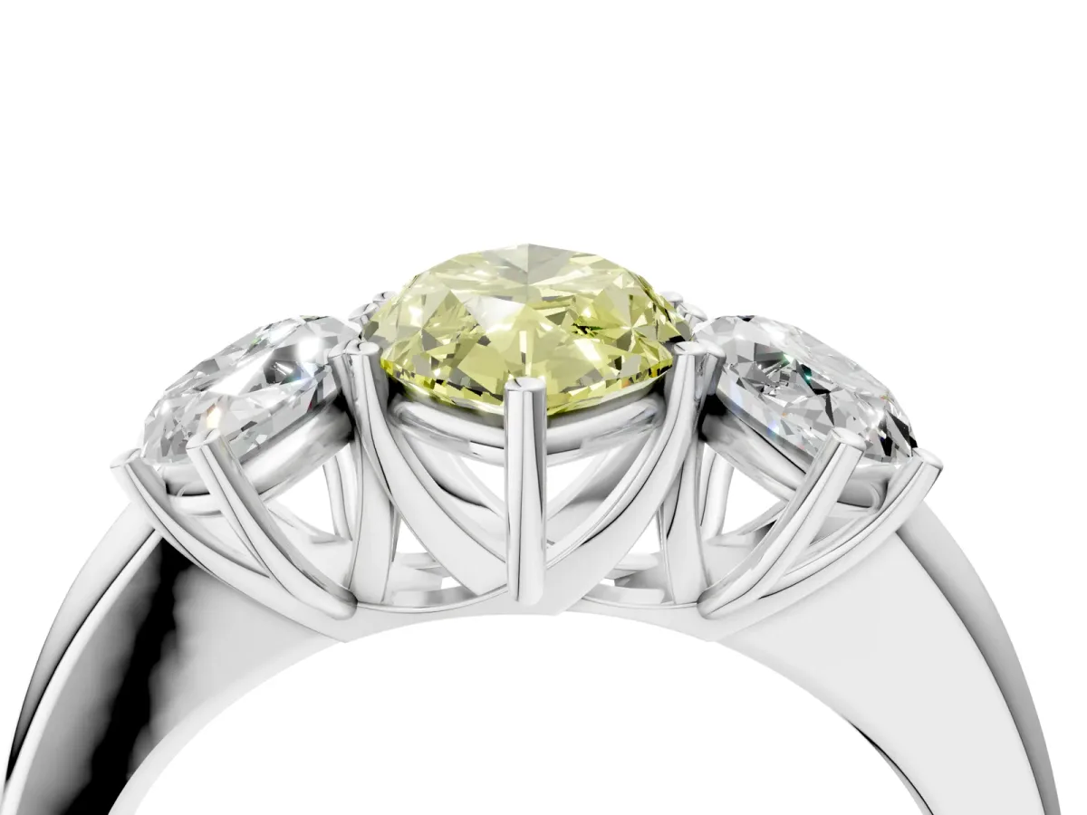 Fancy Yellow Marquise Cut Diamond Three-Stone Ring with Four-Prong Setting and Classic Band Platinum