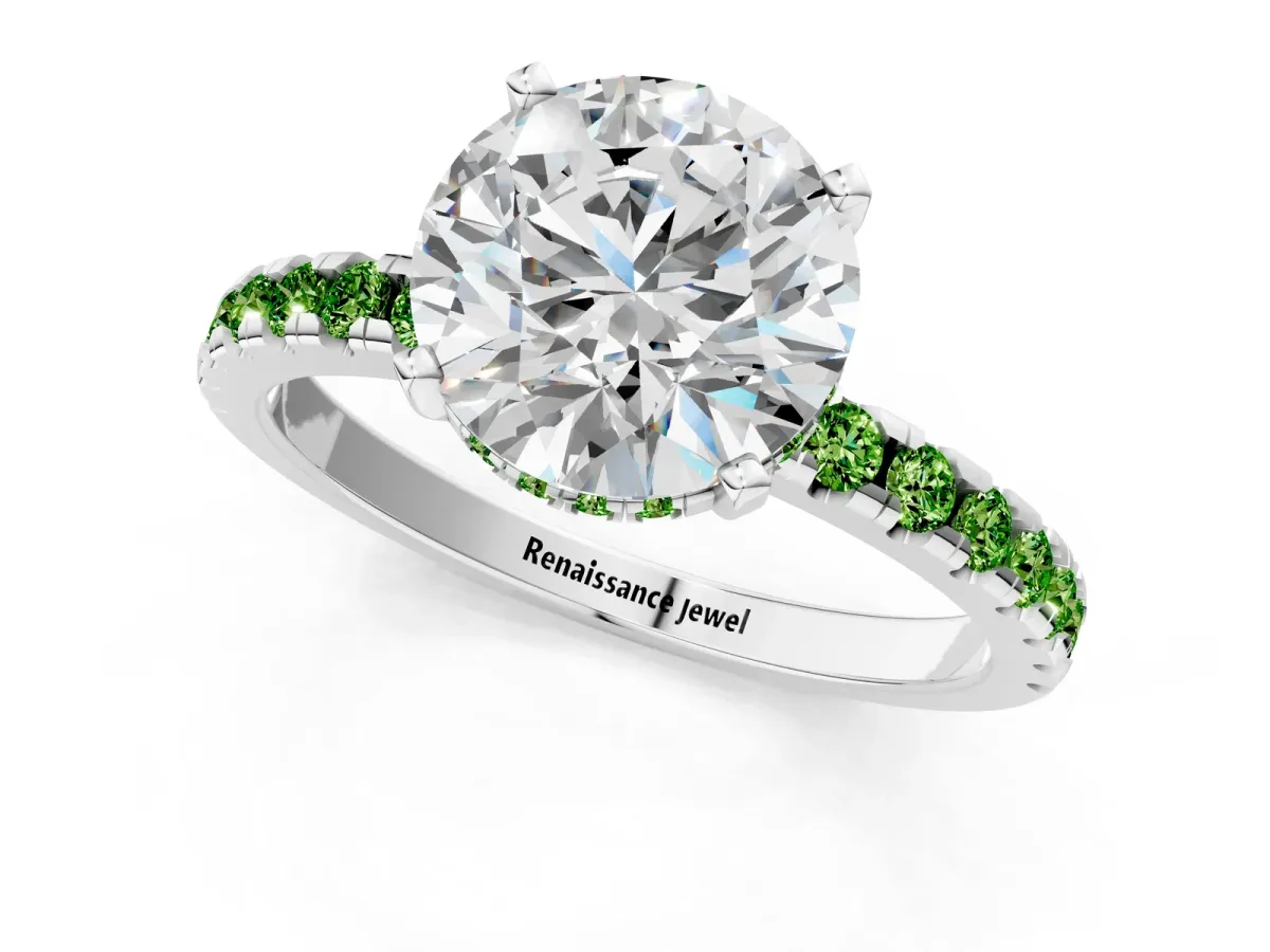 Round Cut Diamond Solitaire Ring with Round Peridot Pavé Band and Four-Prong Setting Silver