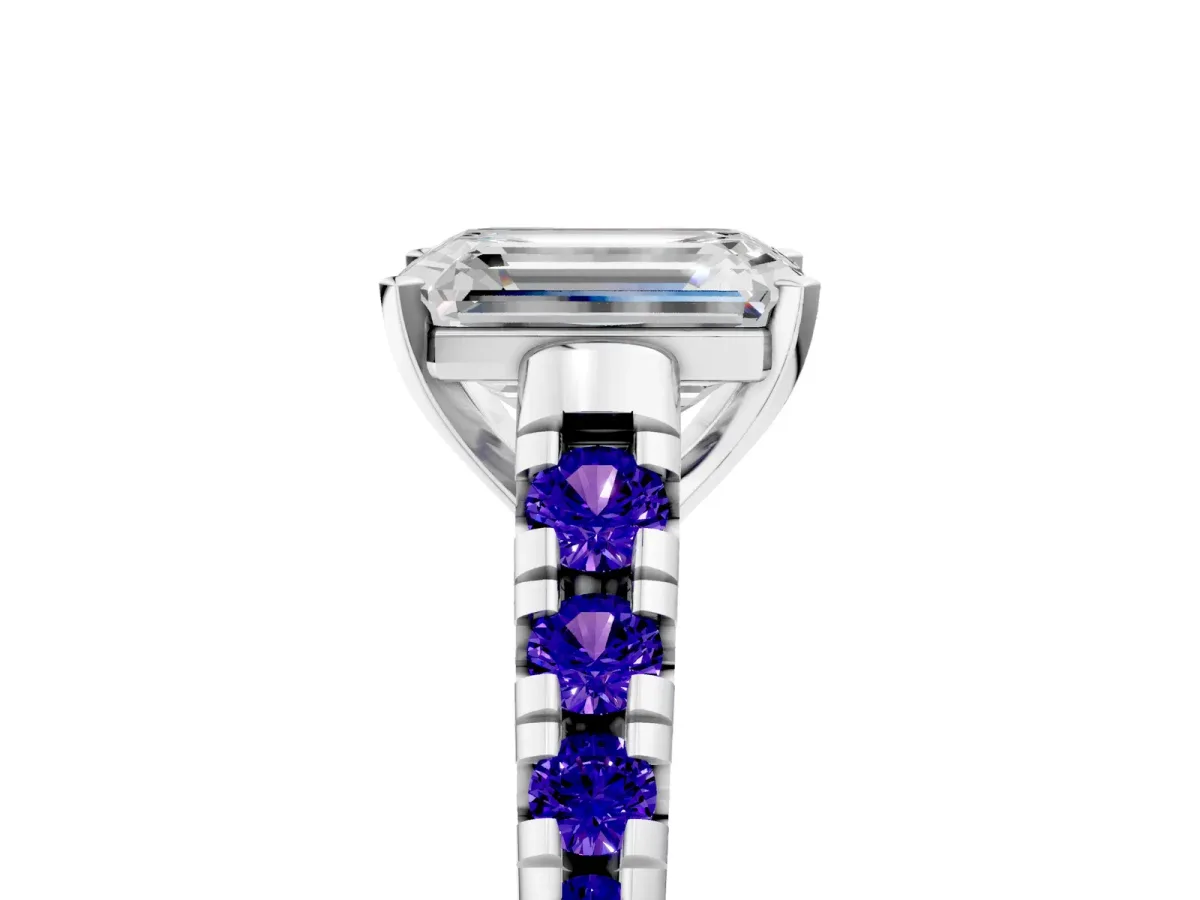 Emerald Cut Diamond Cathedral Solitaire Ring with Round Tanzanite Pavé Band Silver