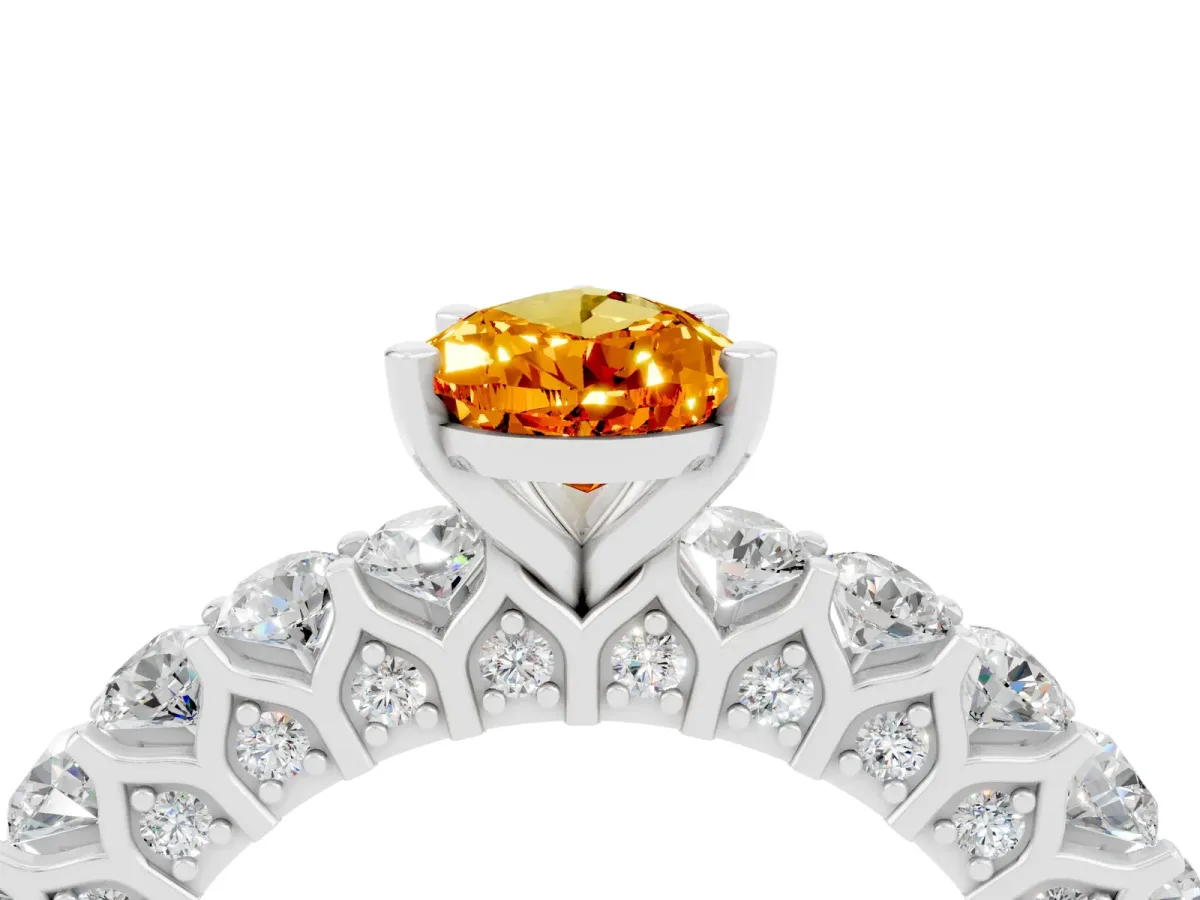 Pear Cut Citrine Solitaire Ring with Shared Prong Pavé Band and Four-Prong Setting Silver