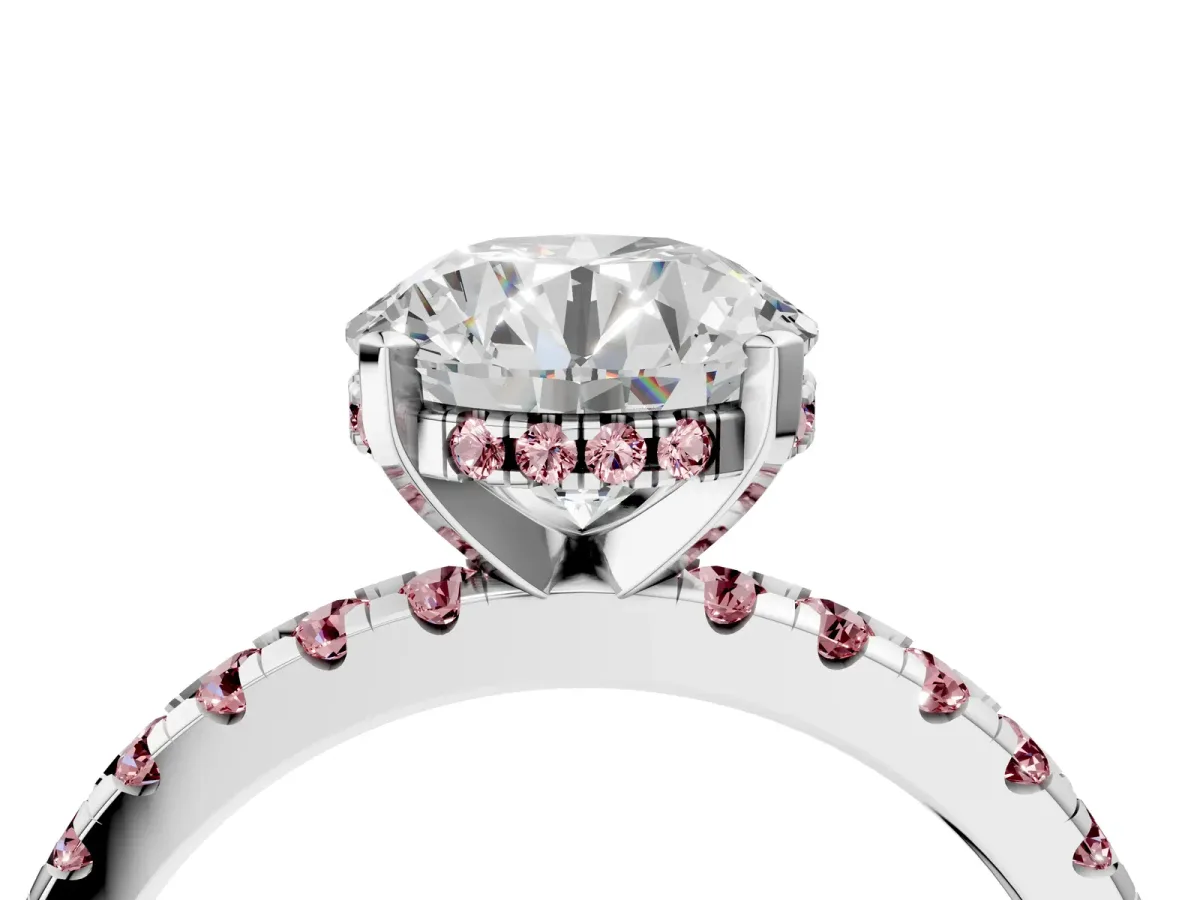 Round Cut Diamond Solitaire Ring with Round Morganite Pavé Band and Four-Prong Setting Silver