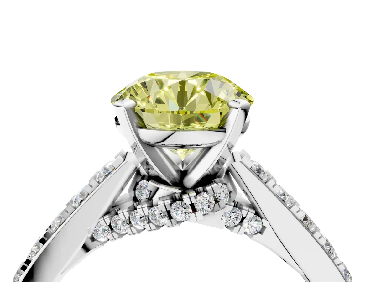 Fancy Yellow Round Cut Diamond Solitaire Ring with Crossover Gallery and Round Pavé Band Silver