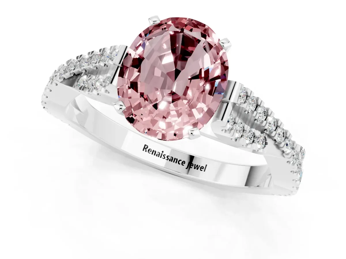 Oval Cut Morganite Solitaire Engagement Ring with Twisted Pavé Band and Four-Prong Setting Silver