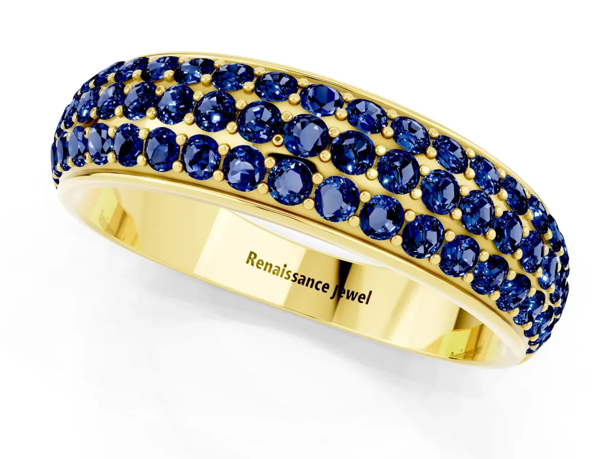 Three-Row Round Blue Sapphire Eternity Band with Shared Prong Setting Yellow gold