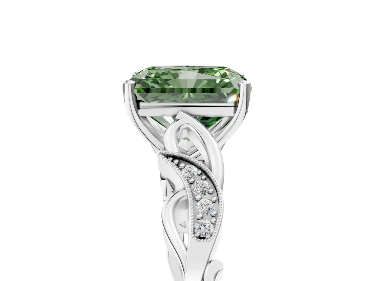 Fancy Green Radiant Cut Solitaire Vine Band with Milgrain Prong Setting Platinum