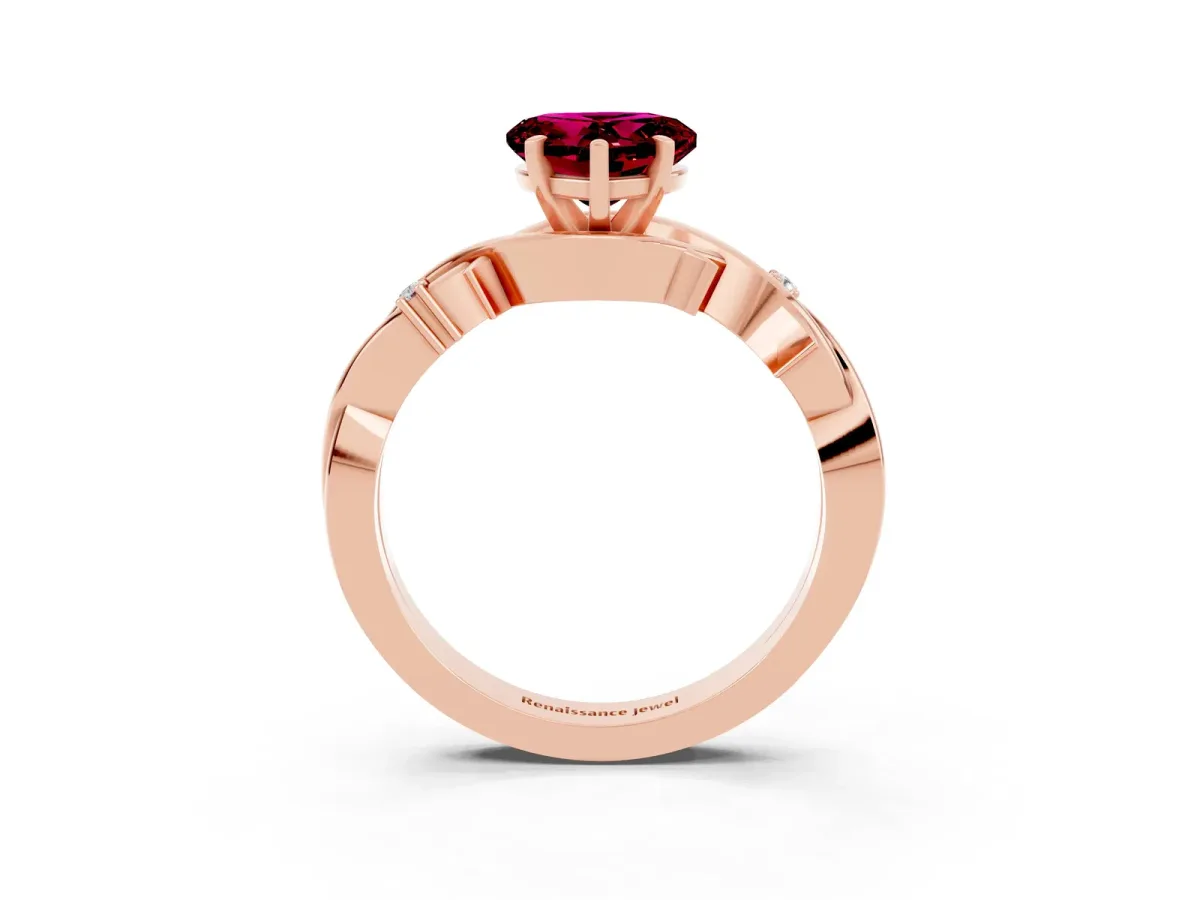 Heart Cut Garnet Solitaire Ring with Twisted Band and Prong Setting Rose gold