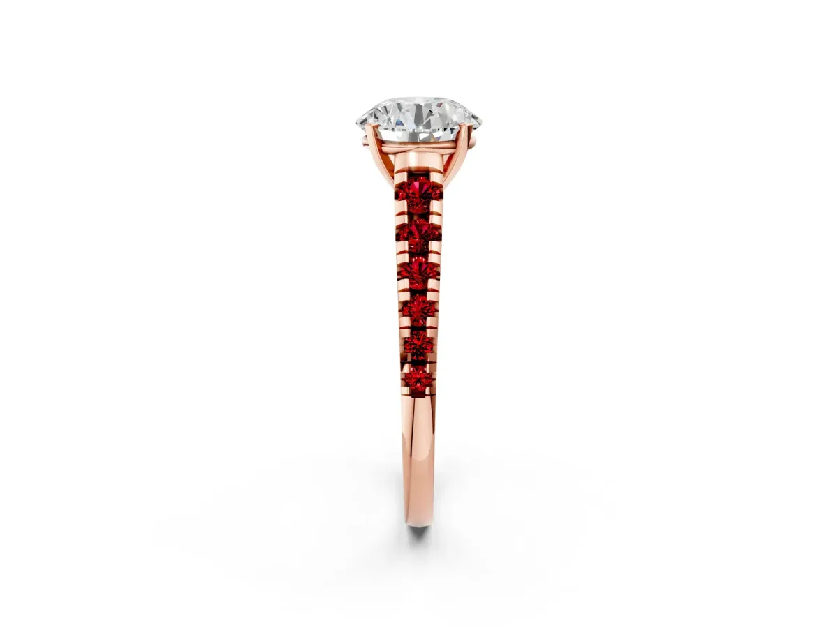 Round Cut Diamond Cathedral Solitaire Ring with Round Ruby Pavé Band Rose gold