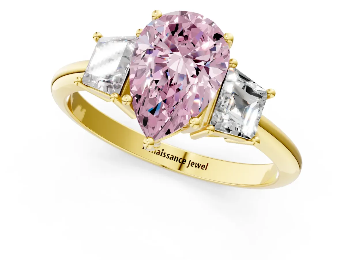 Fancy Pink Pear Cut Diamond Three-Stone Ring with Trapezoid Side Stones and Prong Setting Yellow gold