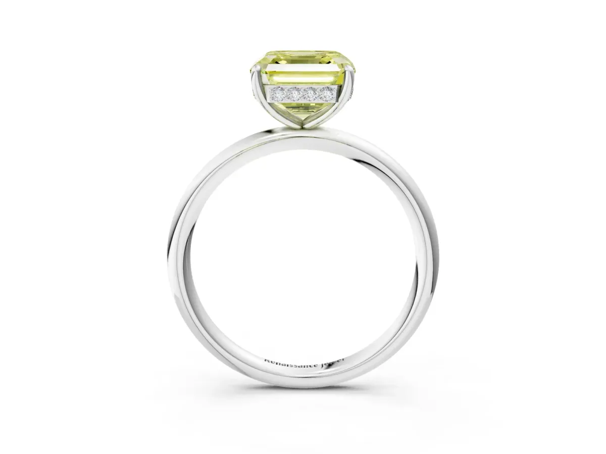 Fancy Yellow Asscher Cut Solitaire Diamond Ring with a Classic Band and Four-Prong Setting Platinum