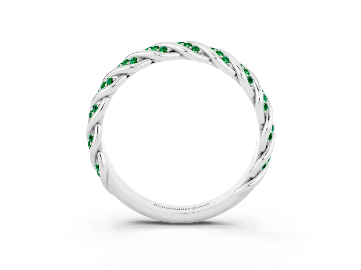 Twisted Pavé Round Emerald Eternity Band with Shared Prong Setting Platinum
