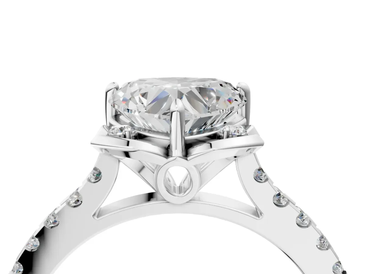 Heart Cut Diamond Ring with Pavé Band and Floral Prong Setting Silver