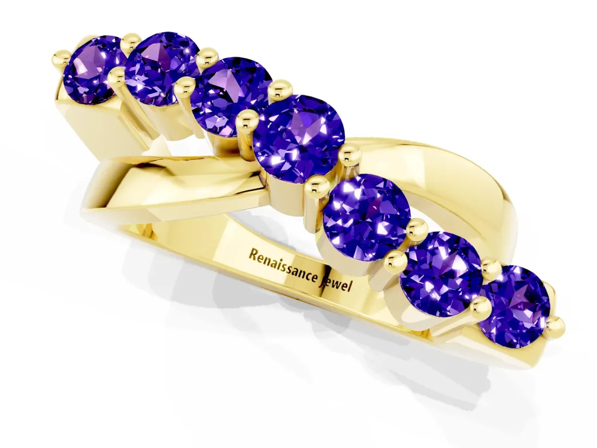 Round Tanzanite Prong-Set Crossover Band Yellow gold