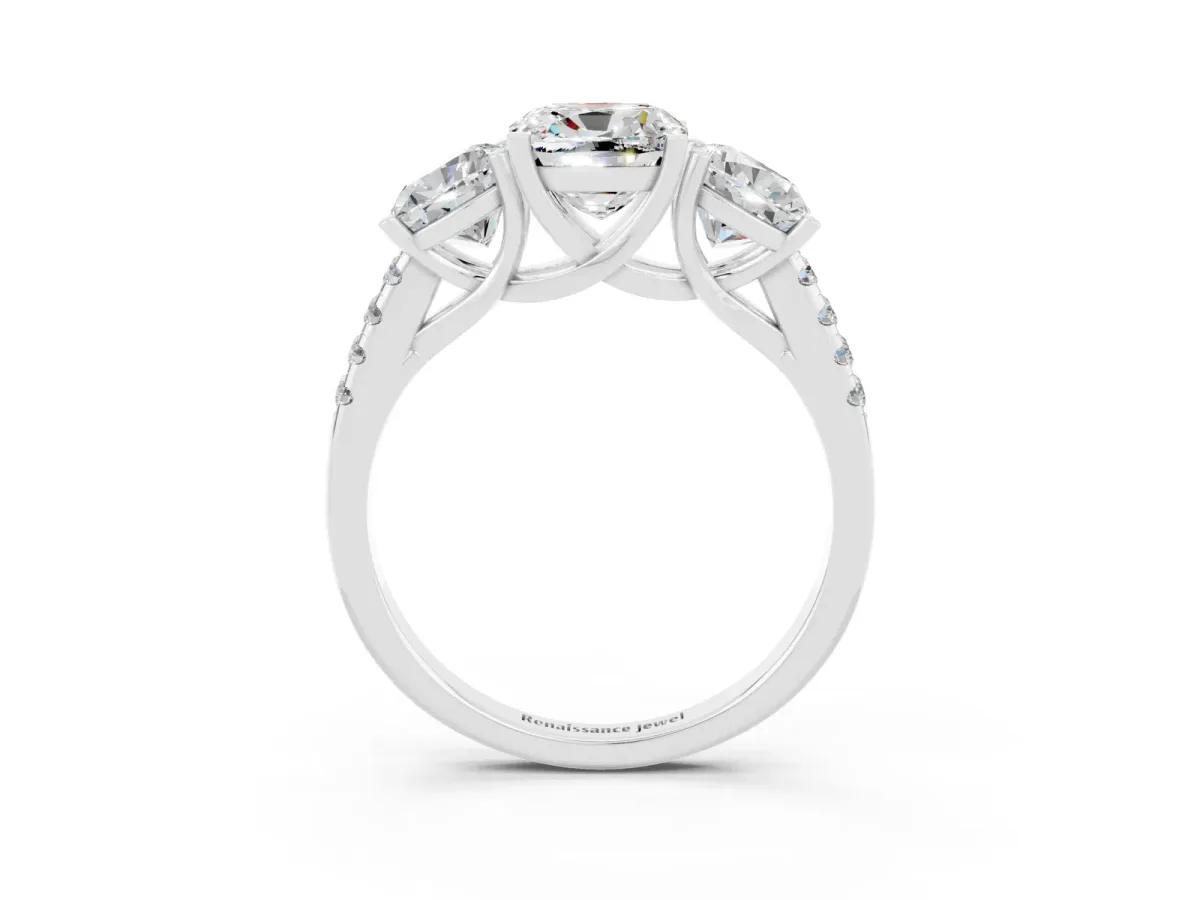 Three-Stone Cushion Cut Moissanite Ring with Round Pavé Band and Prong Setting Silver
