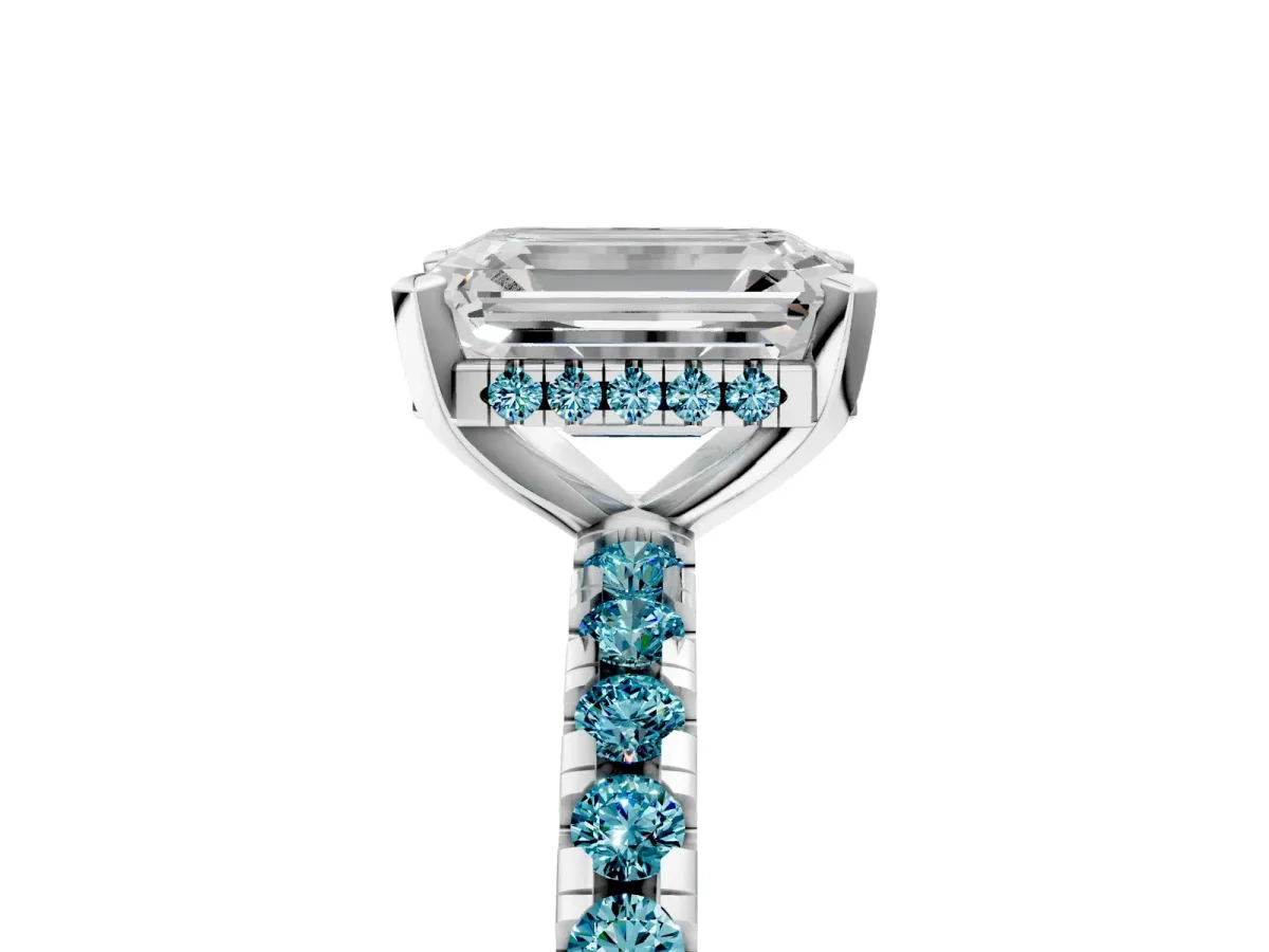 Emerald Cut Diamond Solitaire Ring with Round Blue Topaz Pavé Band and Four-Prong Setting Silver