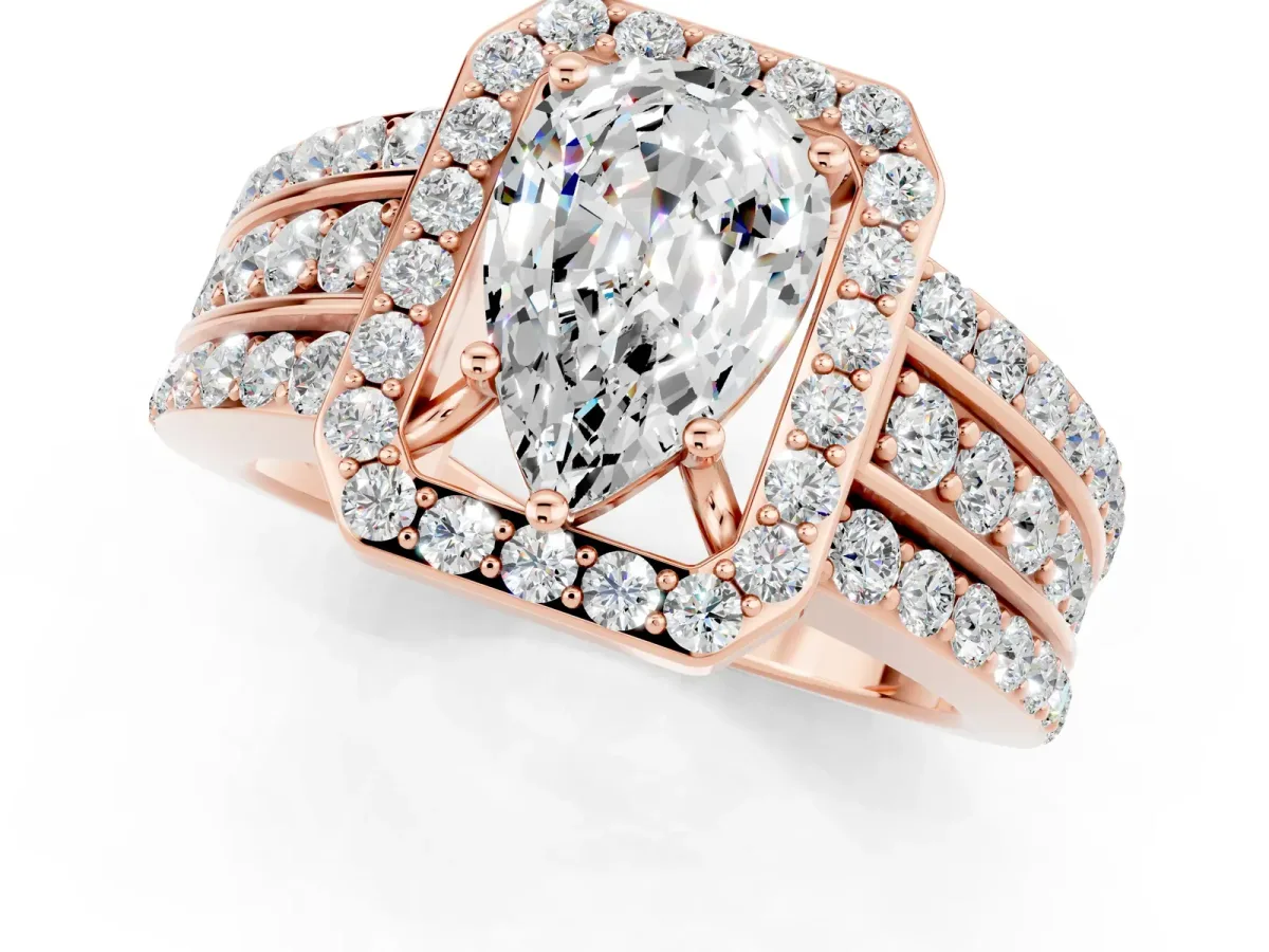 Pear Cut Halo Moissanite Ring with Round Split Shank and Prong Setting Rose gold