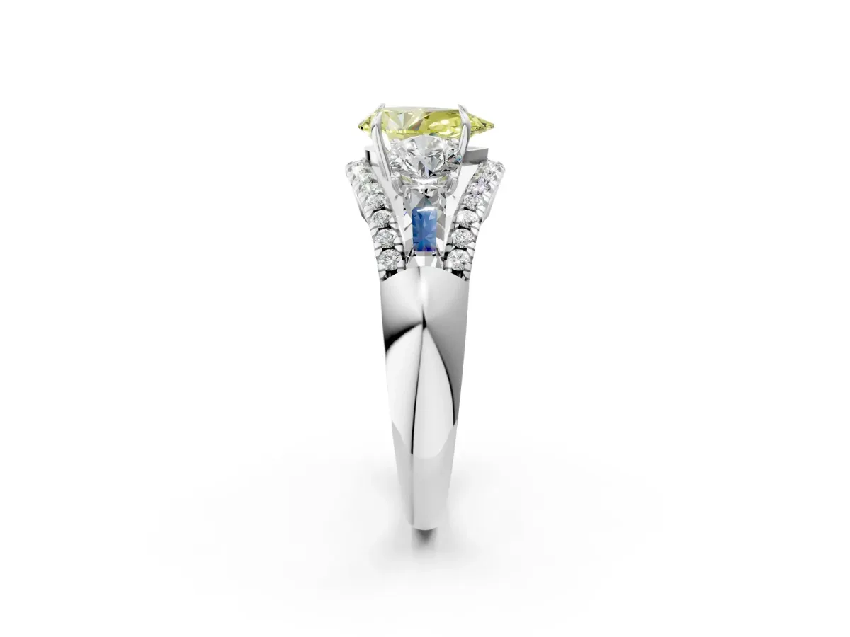 Fancy Yellow Three-Stone Pear Cut Diamond Engagement Ring with Pave Band and Prong Setting Platinum