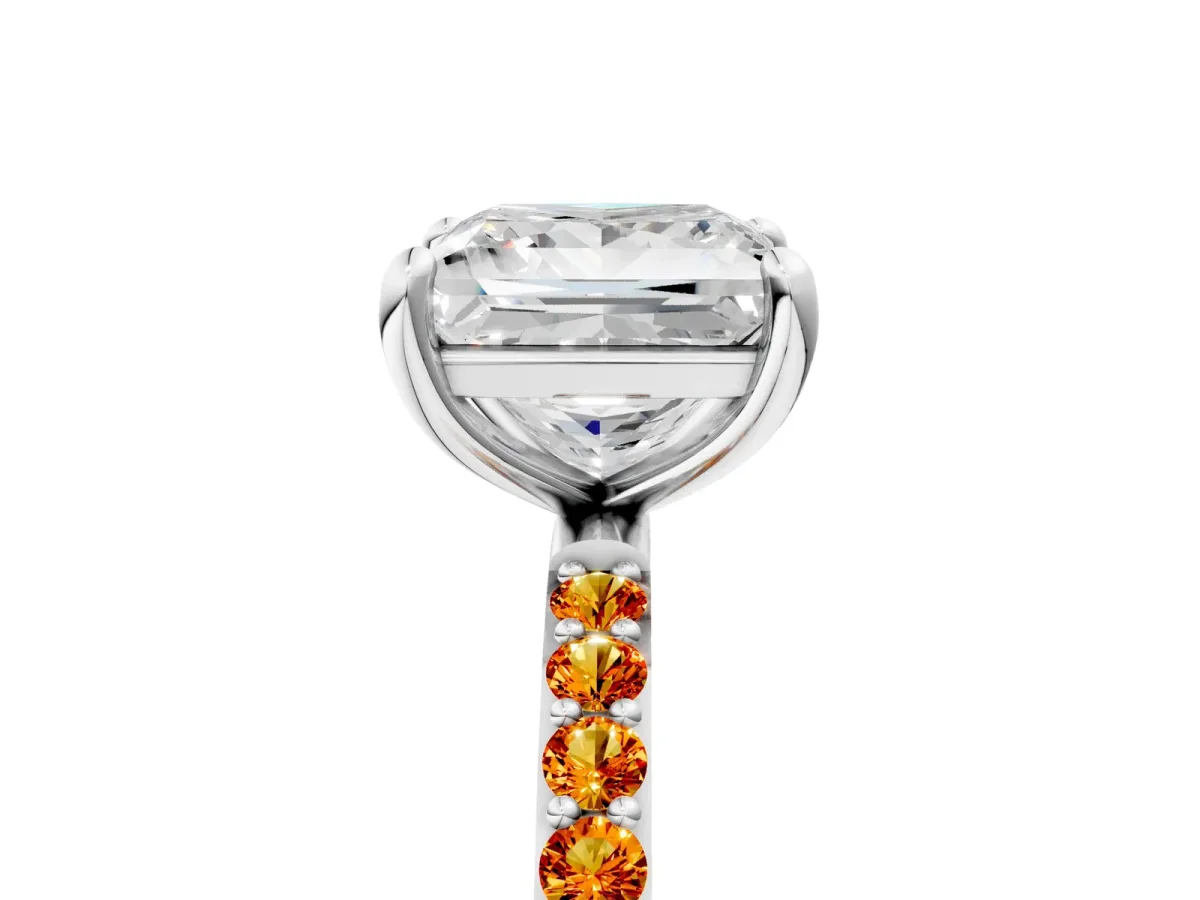 Princess Cut Diamond Solitaire Ring with Round Citrine Pavé Band and Prong Setting Silver